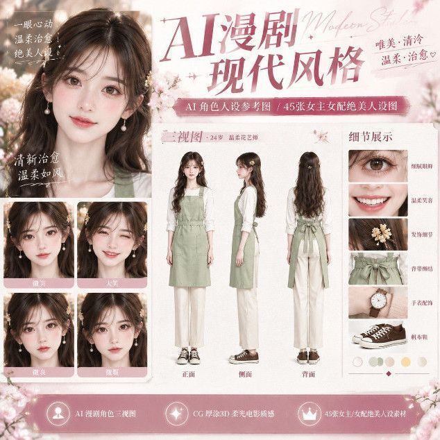 AI漫剧角色人物现代女主三视图带表情CG女配都市人设绘画参考素材-素研社
